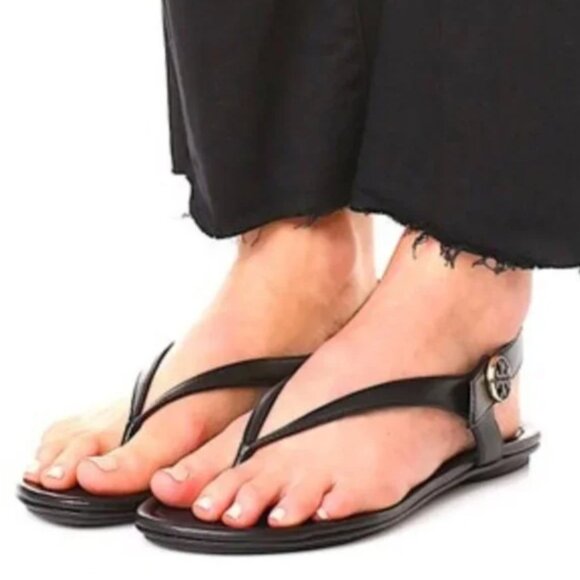TORY BURCH BLACK LEATHER MINNIE TRAVEL THONG SANDAL - Picture 1 of 11